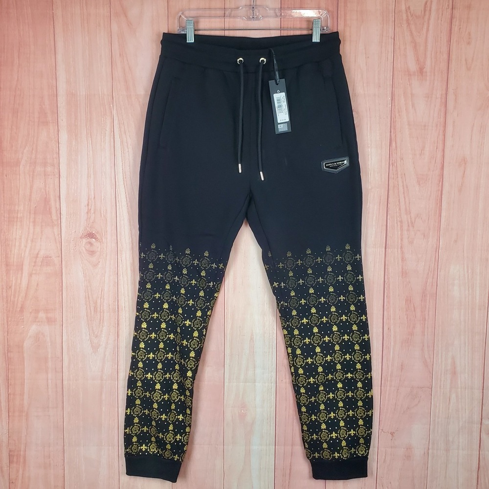 Supply & Demand Men Jogger Pants Sz XL Black Royalty Monogram Print Fleece Lined